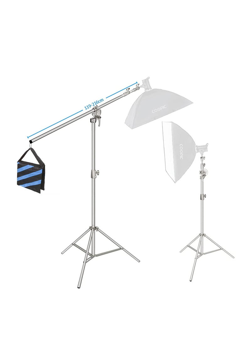 COOPIC L380 Stainless Silver Photo Studio Two way Light Stand Max Height 12.63 Feet and 3.9-7'' Adjustable Boom Arm Includes Blue Sandbag for Supporting Umbrella Softbox Flash for Portrait Video Light - Image 2