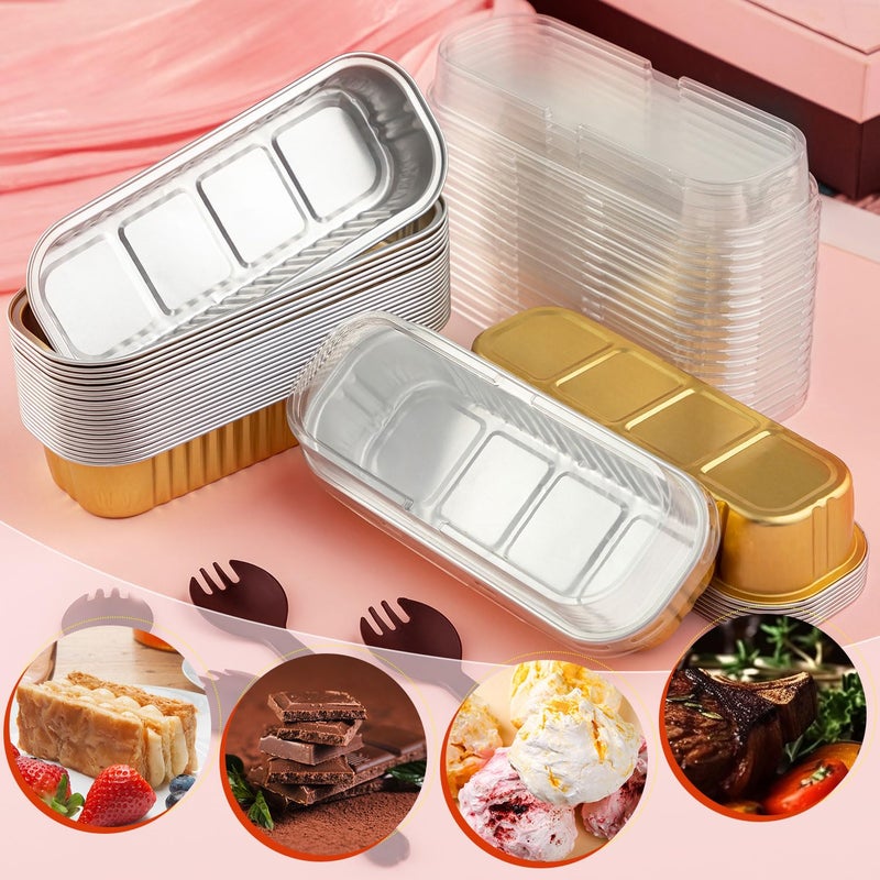 FFNIU 60Pcs Mini Loaf Pans with Lids and Spoons, Aluminum Foil Baking Pans, Rectangle Mini Cake Pan, Brownie Baking Cups for Picnics Party (Gold) - Image 4