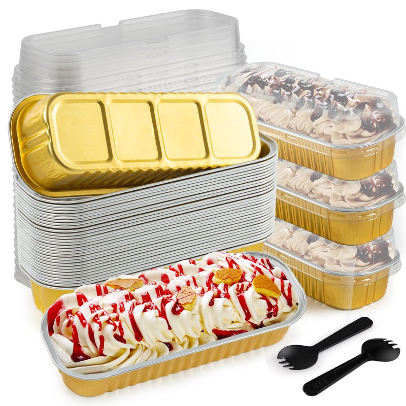 FFNIU 60Pcs Mini Loaf Pans with Lids and Spoons, Aluminum Foil Baking Pans, Rectangle Mini Cake Pan, Brownie Baking Cups for Picnics Party (Gold) - Image 1