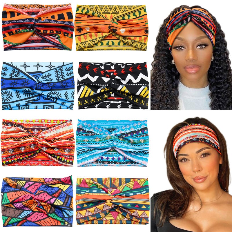 Carede Wide African Headbands for Women Boho Twist Head Bands Elastic Turban Headwraps for Lady Yoga Sports Workout Stretchy Hairband,Pack of 8 - Image 1