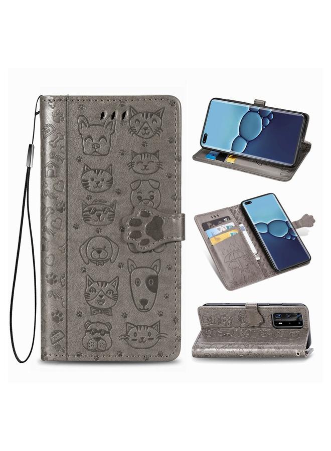 زبون جراب لهاتف Huawei P40 Pro، جراب جلدي أفقي منقوش عليه قطة وكلب لطيف مع حامل / فتحة بطاقة / محفظة / حبل - Image 1