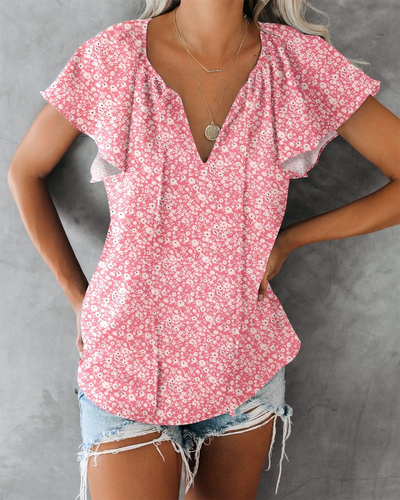 SimpleFun Womens Summer Tops 2023，Butterfly Short Sleeve V Neckline Floral Boho Blouses (Floral14,L) - Image 4