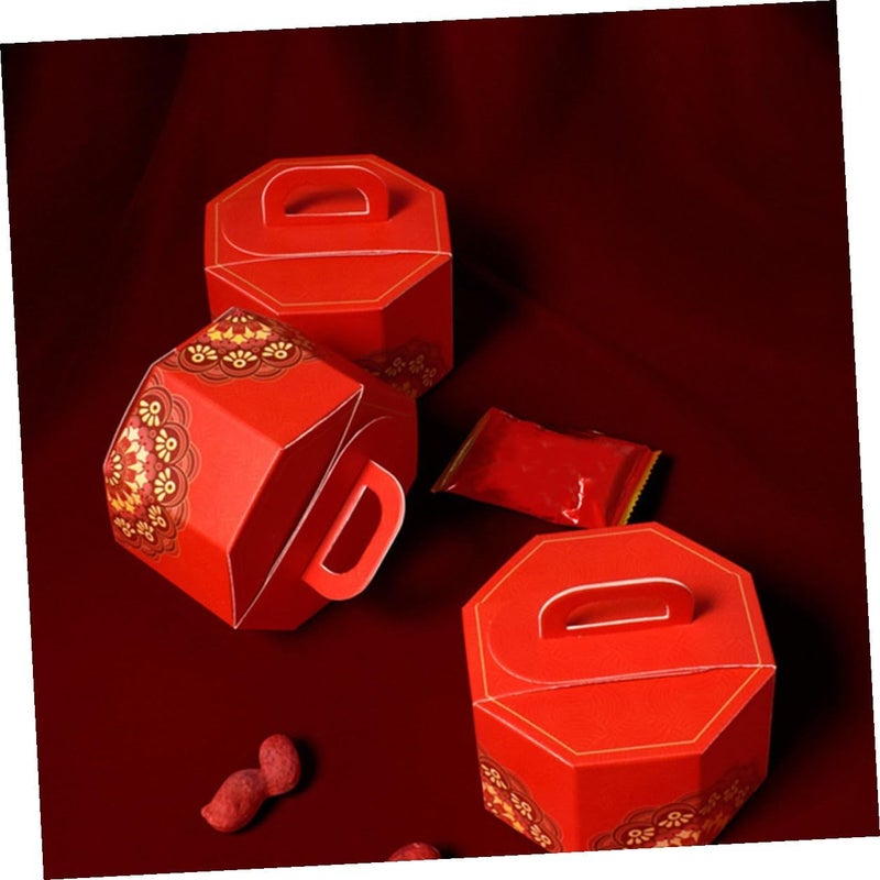 SHOWERORO Red Octagonal Candy Boxes 50pcs Chinese Style Wedding Favor Paper Boxes with Handles 9x9x5.5cm Festival Packaging for Wedding Party Candy Storage - Image 4