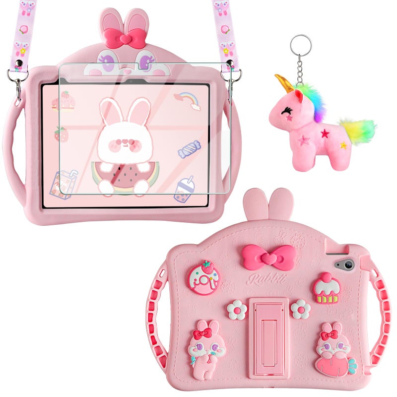 WESADN for iPad 10th Generation Case 10.9 Inch 2022 Kids Girls for iPad A16 Case 11th Gen 11 Inch 2025 with Screen Protector Shoulder Strap Kickstand Keychain Cute Rabbit Silicone Tablet Cover,Pink - Image 1