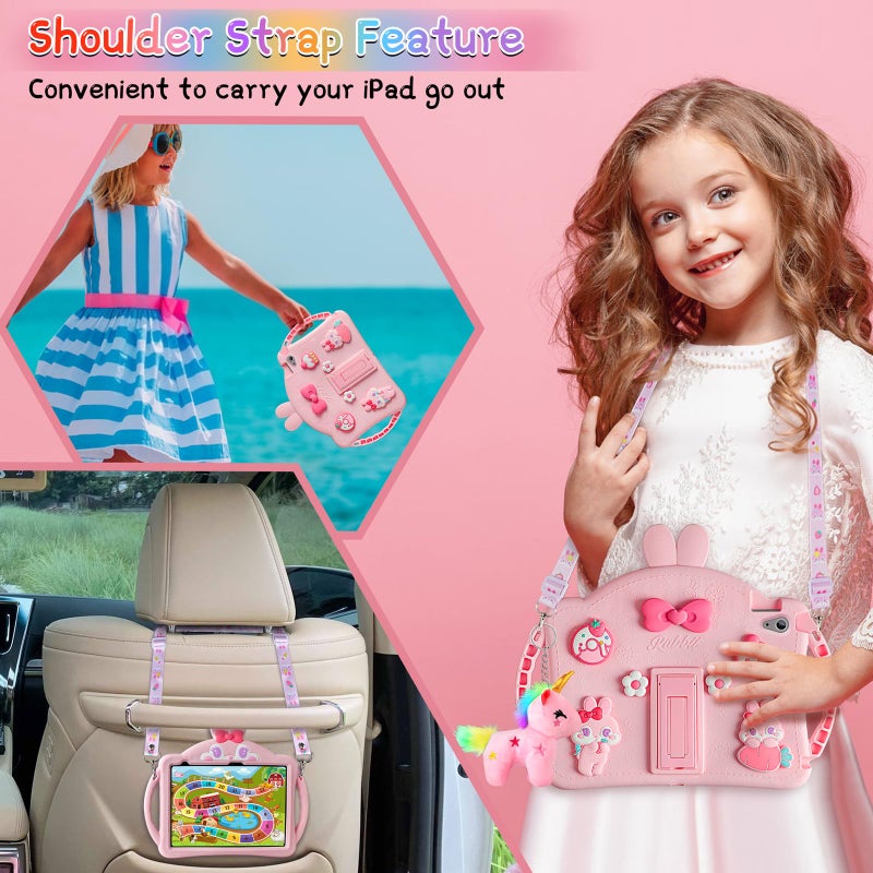 WESADN for iPad 10th Generation Case 10.9 Inch 2022 Kids Girls for iPad A16 Case 11th Gen 11 Inch 2025 with Screen Protector Shoulder Strap Kickstand Keychain Cute Rabbit Silicone Tablet Cover,Pink - Image 5
