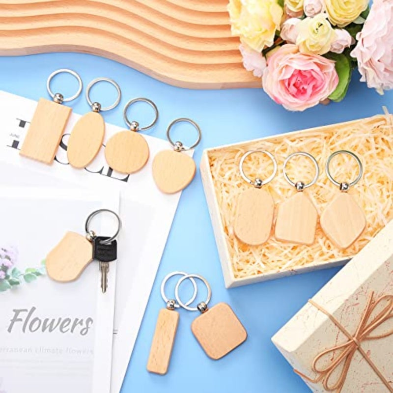 80 Pieces Wood Keychain Blanks Wood Laser Engraving Blanks Bulk with Key Rings Unfinished Multiple Shapes Wooden Tags for DIY Christmas Gifts Crafts Pet Supplies - Image 3