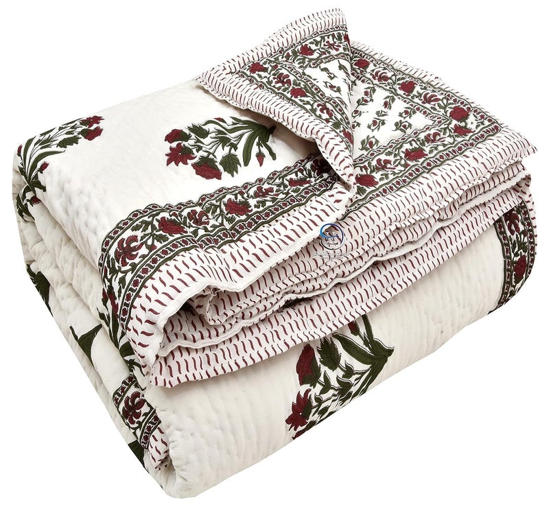 WORLDNEX 400 TC Jaipuri Light Weight Pure Cotton Traditional Hand Block Big Flower Print Double Bed QuiltRazaiRajai White Green 90 x 105 Inches Double Bed