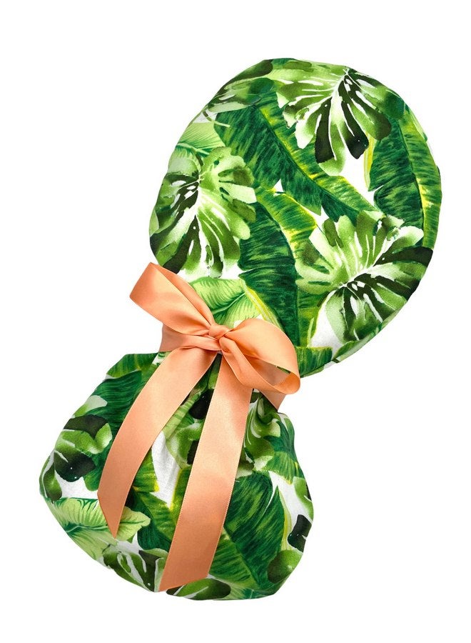 Generic Ponytail Scrub Cap, dramatic tropical green leaves print. Select satin ribbon tie backs from 5 color options. - Image 3