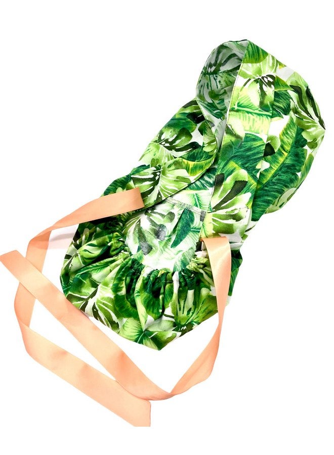 Generic Ponytail Scrub Cap, dramatic tropical green leaves print. Select satin ribbon tie backs from 5 color options. - Image 4