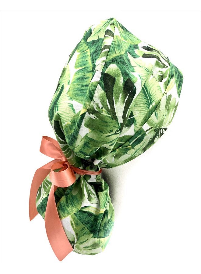 Generic Ponytail Scrub Cap, dramatic tropical green leaves print. Select satin ribbon tie backs from 5 color options. - Image 2