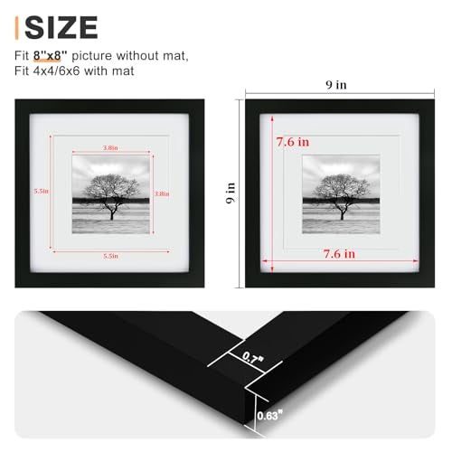 Egofine 8x8 Picture Frame Made of Solid Wood with Plexiglass, Display Pictures 4x4/6x6 with Mat or 8x8 Without Mat for Tabletop and Wall Mounting, Black - Image 3
