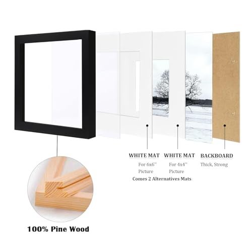 Egofine 8x8 Picture Frame Made of Solid Wood with Plexiglass, Display Pictures 4x4/6x6 with Mat or 8x8 Without Mat for Tabletop and Wall Mounting, Black - Image 4