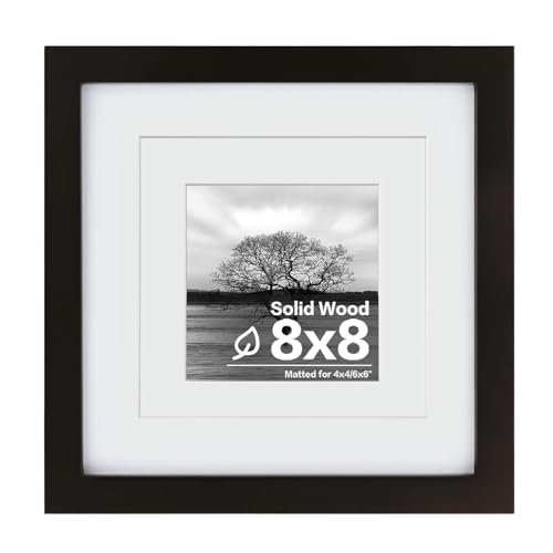 Egofine 8x8 Picture Frame Made of Solid Wood with Plexiglass, Display Pictures 4x4/6x6 with Mat or 8x8 Without Mat for Tabletop and Wall Mounting, Black - Image 1