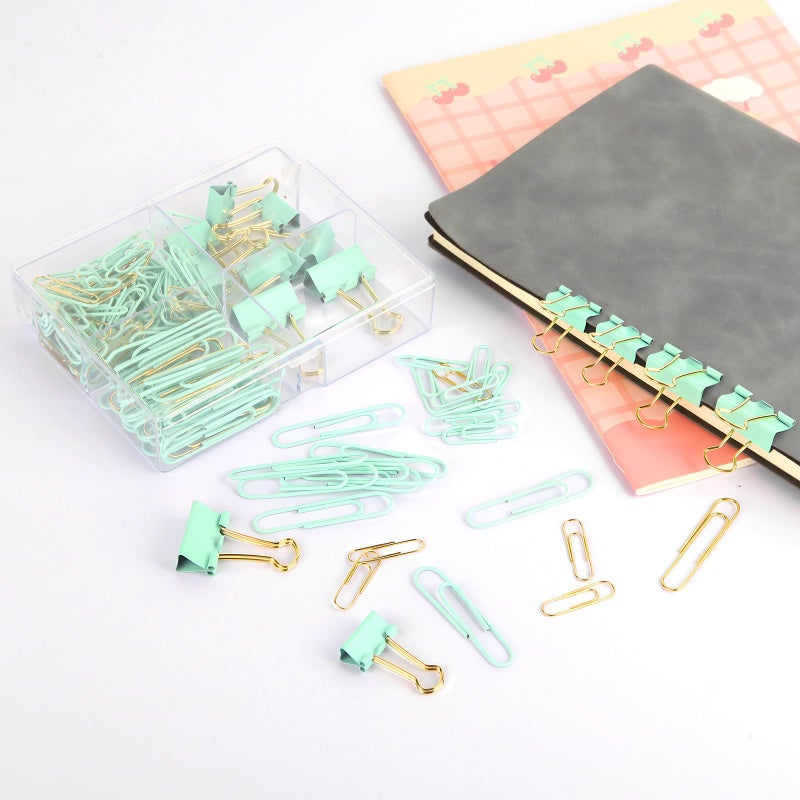 CREECHWA Cute Paper Clips Binder Clips Combo Set, 165 Psc, Assorted Size Paper Clips for Office, Cute Office Supplies Set, Green - Image 5