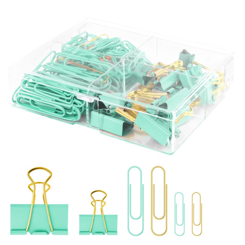 CREECHWA Cute Paper Clips Binder Clips Combo Set, 165 Psc, Assorted Size Paper Clips for Office, Cute Office Supplies Set, Green - Image 1