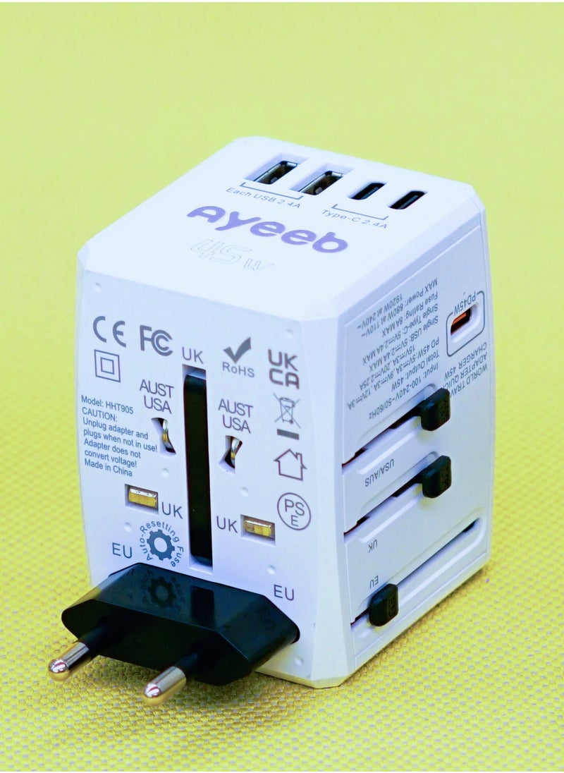 Ayeeb PD45W Multifunctional Portable Universal International Travel Power Adapter,All in one USB Type C 5-Port GaN Fast Wall Charger Converter Plug Compatible with Macbook, iPhone, iPad and electronics  - Image 5