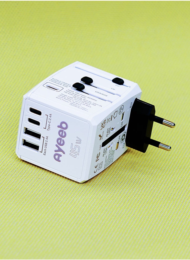 Ayeeb PD45W Multifunctional Portable Universal International Travel Power Adapter,All in one USB Type C 5-Port GaN Fast Wall Charger Converter Plug Compatible with Macbook, iPhone, iPad and electronics  - Image 3