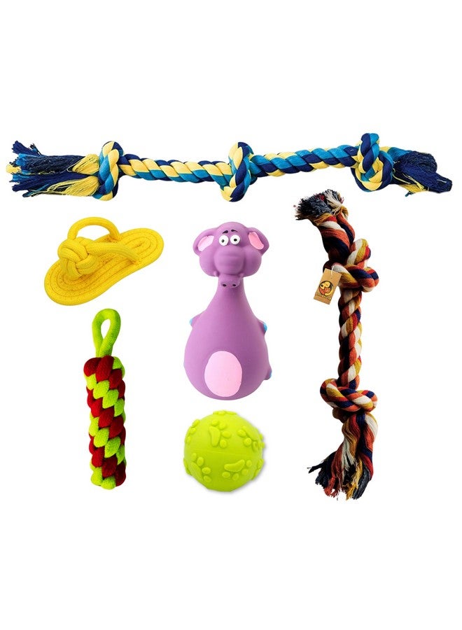 Generic 6 In 1 Squeaky And Chew Rope Dog Toy Combo - (2Knot Rope + 3Knot Rope + Slipper + Corn Stick + Claw Ball + Purple Elephant) | Chewing, Playing, & Teething For Small Dogs And Puppies  - Image 1