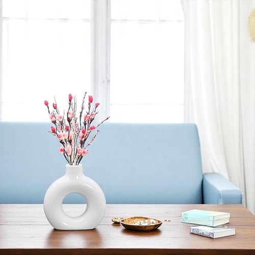 AABCO Modern White Ceramic Vase Artificial Pink Flowers | Round Donut Shape Flower Pot for Home, Office & Table Decor | Minimalist Centerpiece Showpiece(4 INCH) - Image 1