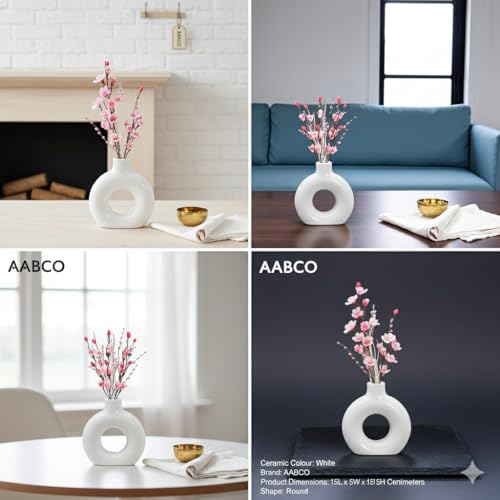 AABCO Modern White Ceramic Vase Artificial Pink Flowers | Round Donut Shape Flower Pot for Home, Office & Table Decor | Minimalist Centerpiece Showpiece(4 INCH) - Image 2