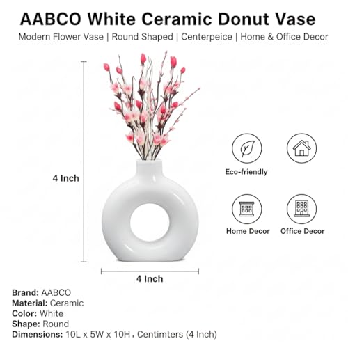 AABCO Modern White Ceramic Vase Artificial Pink Flowers | Round Donut Shape Flower Pot for Home, Office & Table Decor | Minimalist Centerpiece Showpiece(4 INCH) - Image 5
