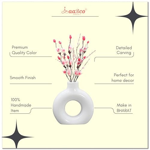 AABCO Modern White Ceramic Vase Artificial Pink Flowers | Round Donut Shape Flower Pot for Home, Office & Table Decor | Minimalist Centerpiece Showpiece(4 INCH) - Image 4