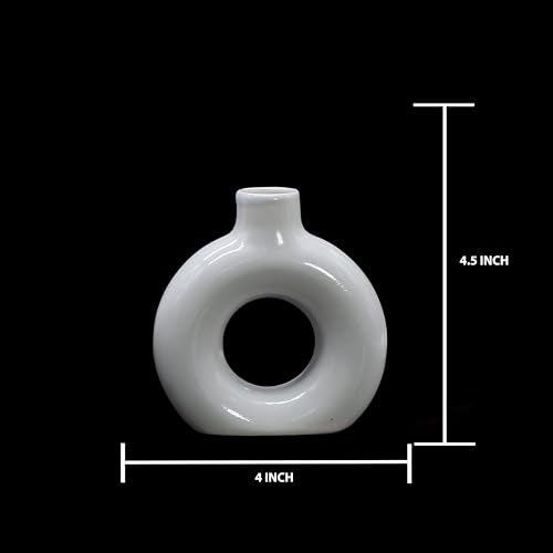 AABCO Modern White Ceramic Vase Artificial Pink Flowers | Round Donut Shape Flower Pot for Home, Office & Table Decor | Minimalist Centerpiece Showpiece(4 INCH) - Image 3