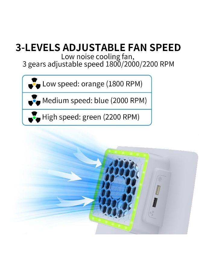 مروحة تبريد رفيعة لجهاز PS5: نظام تبريد محسّن مع غطاء لجهاز PS5 الرفيع، وأضواء RGB LED، وسرعات مروحة ثلاثية المستويات، ومركزين شحن USB لجهازي PS5 الرفيع الرقمي والقرص.
