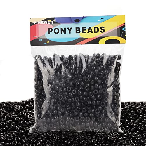 FINEWEN Black Pony Beads(1200Pcs 6x9mm) Hair Beads,Pony Beads Bulk,Beads for Bracelets Making,Beads for Hair Braids (Black) - Image 1