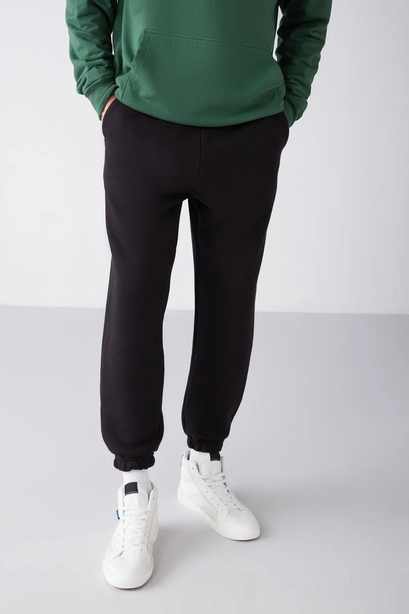 GRIMELANGE Inside Men's Soft Elastic Skinny Leg Regular Organic Cotton Black Sweatpants