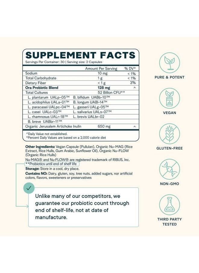 Ora Organic - Probiotics With Prebiotics 52 Billion Cfu 11 Clinically Studied Strains For Digestive Health Supports Occasional Constipation Bloating & Gas ; Vegan Dairy & Gluten Free 60 Capsules - Image 1