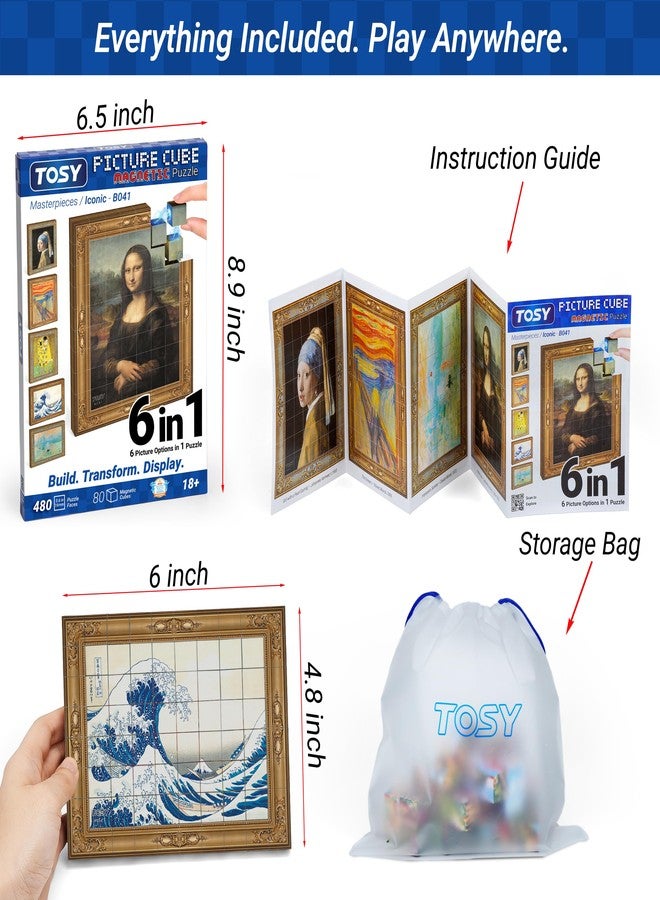 TOSY Picture Cube Iconic Masterpieces: 6-in-1 Magnetic Picture Puzzle, 80 Blocks, 488 Faces/Magnets, 0.6in, B041, Seamless UV Art, Display-Ready Frame, Collectible, STEM/STEAM Gift for Kids & Adults - Image 3