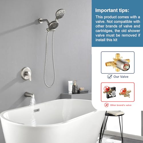 DIFEINI Shower Tub Kit Dual Shower System with Tub Spout Tub and Shower Faucet Set Complete Dual Shower Head and Handheld Combo Set Tub and Shower Trim Kit Brushed Nickel - Image 2