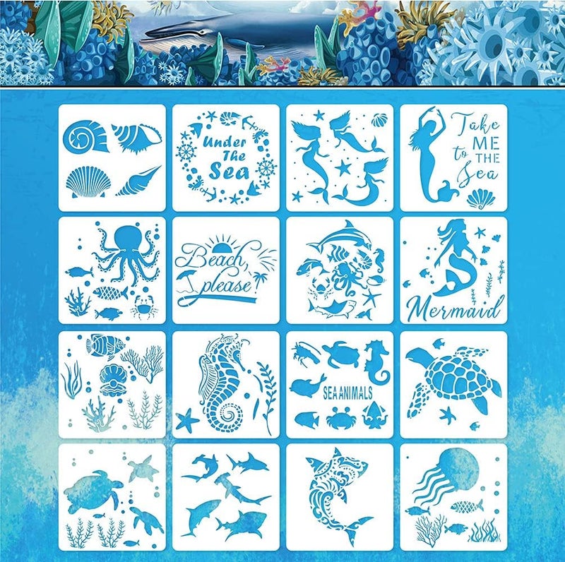 16 Pieces Summer Sea Stencils for Painting on Wood Sea Ocean Animals Plastic Stencil Octopus Fish Starfish Dolphin Painting Template for Wall Decorations 6 x 6 inch