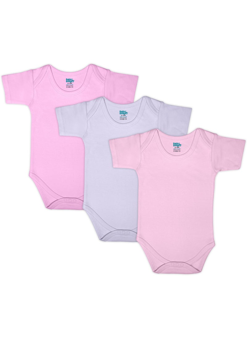 Babies Basic BabiesBasic 100% Super Combed Cotton, Short Sleeves Bodysuit, for New Born to 24months. Set of 3, Pink, Lavender, L.Pink  - Image 1