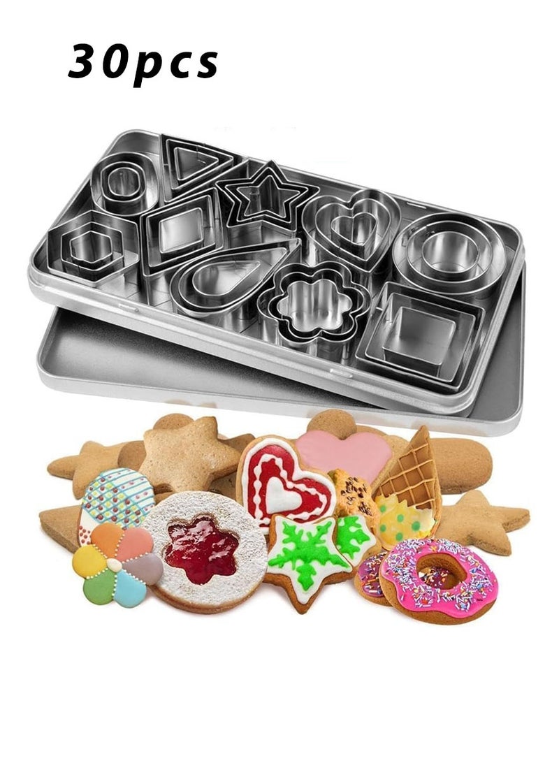30Pcs Mini Cookie Cutter Set with Box, Small Stainless Steel Veggie Cutters, Polymer Clay Cutters for Kids, Geometric Set for Biscuit Cutter, Tiny Fruit Cutter - Image 1