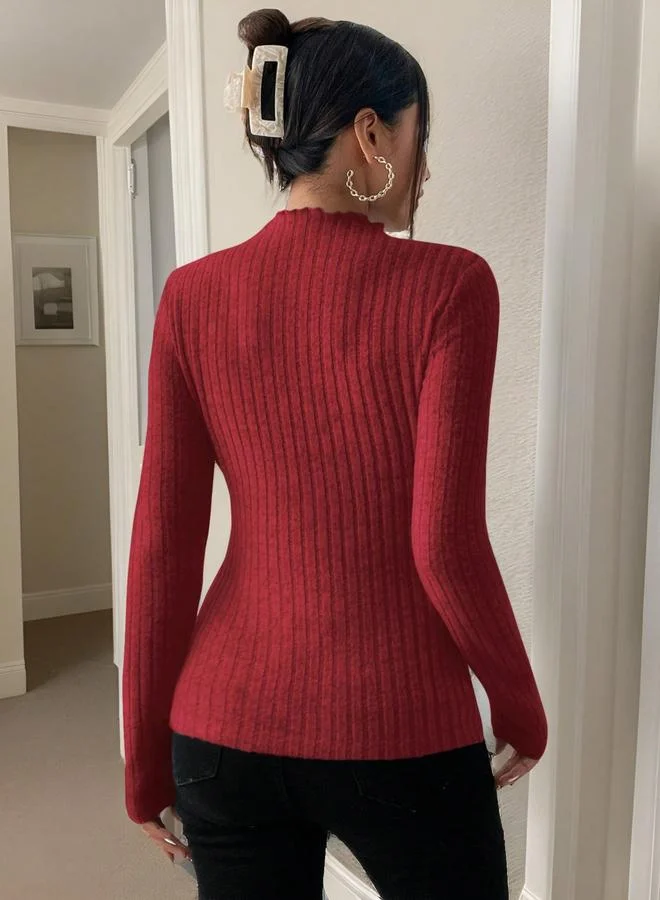 تايك تو Women's Solid High Neck Long Sleeve Ribbed Top