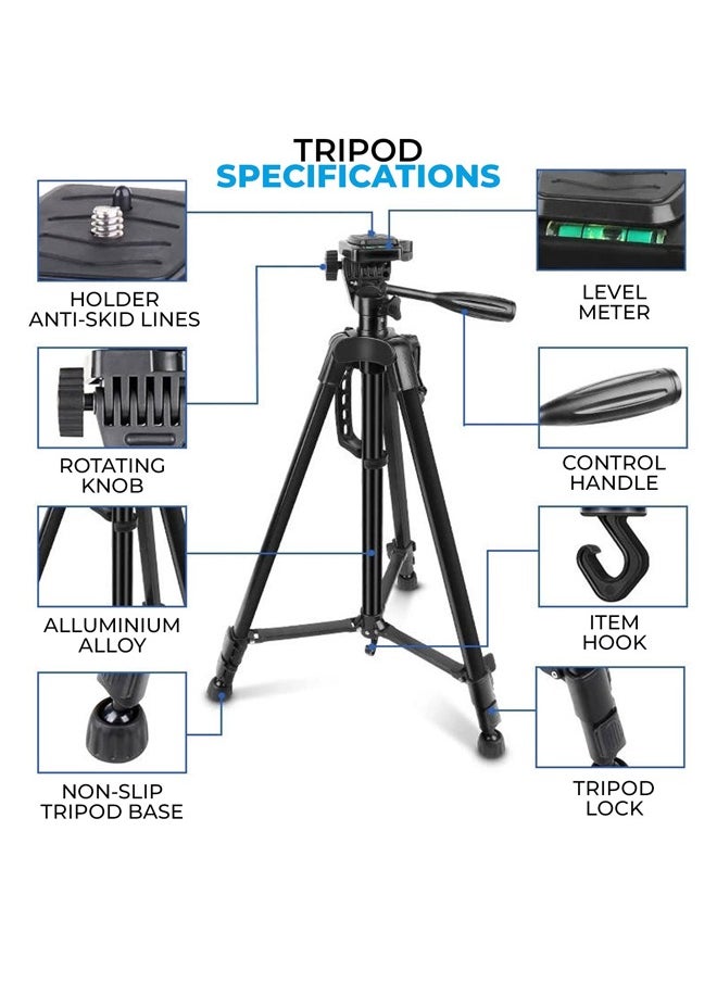 MOG - Mog 3366 Aluminium Tripod Stand with Mobile Holder Clip for Mobiles and DSLR Camera Tripod for YouTube Insta Reels Video Recording Vlogging and Live Videos Black - Image 1