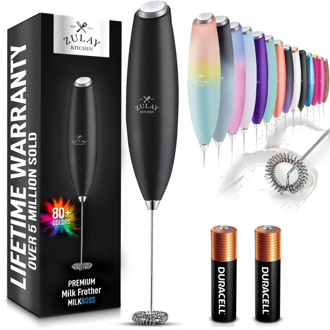 MILK FROTHER WAND DRINK MIXER WITH AA DURACELL BATTERIES DURABLE HANDHELD MILK FROTHER ELECTRIC WHISK EASYCLEAN MILK FROTHER WAND MINI BLENDER ELECTRIC COFFEE FROTHER BLACK