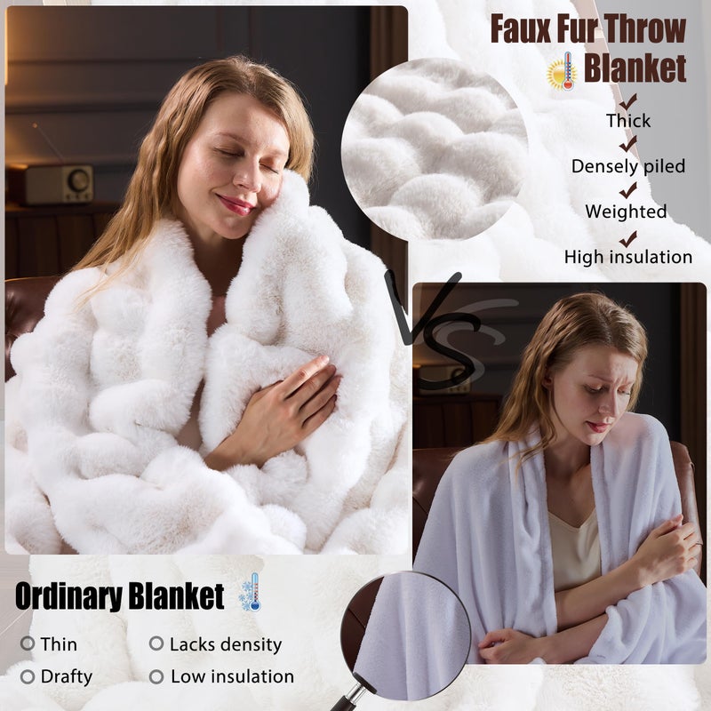 PLUUSHUU Faux Fur Throw Blanket for Couch, Fluffy Fuzzy Plush Bubble Blanket, Soft Warm Cozy Shaggy Rabbit Blanket, Luxury Decorative Gifts for Sofa Bedroom Living Room, 60x50inch (Beige) - Image 2