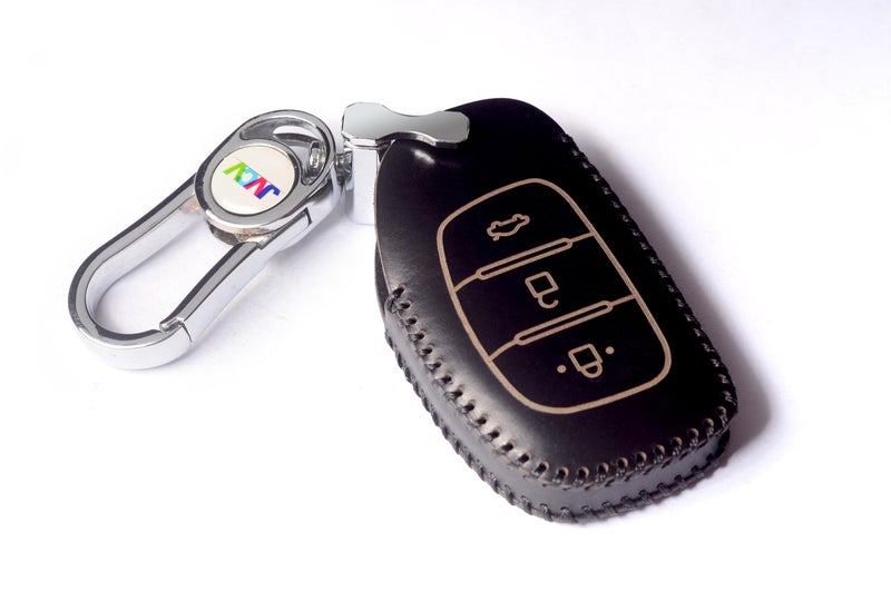 JVCV® Car Styling Soft Handmade Leather Key Cover Compatible with Hyundai Creta, i10 Grand, i20 Elite, i20 Active, Xcent, Verna 4s, Tucson, Elantra, Grand i10 Nios 3 Button Smart Key (Black) - Image 1