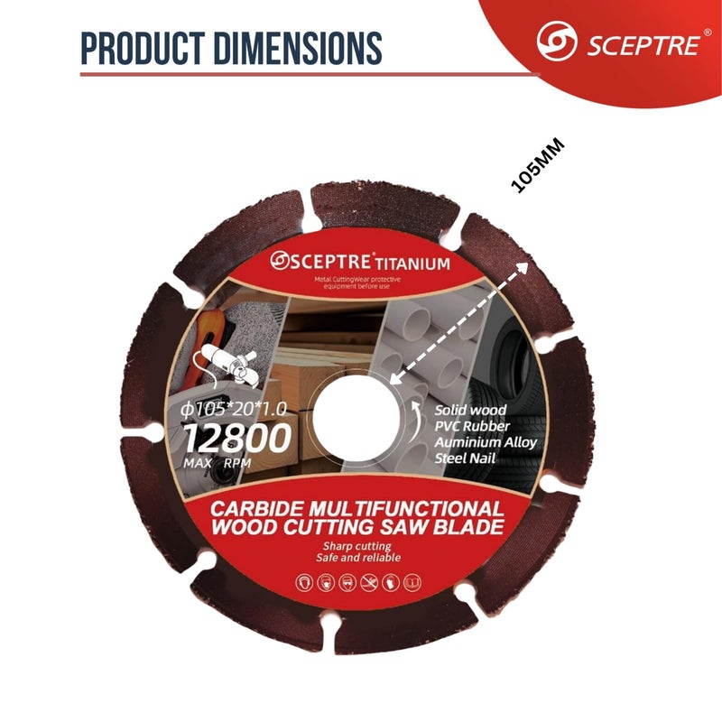Sceptre شفرة قطع الخشب من كربيد 105 مم لآلة الطحن، قرص منشار متعدد الأغراض 12800 دورة في الدقيقة لـ PVC، مطاط، ألومنيوم، مسمار فولاذي، قطع وتجليخ جاف - Image 2