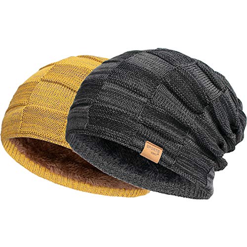 Vgogfly gogfly Slouchy Beanie for Men and womens Winter Hats for Guys Cool Beanies Mens Lined Knit Warm Thick Skully Stocking Binie Hat Black/Yellow - Image 1