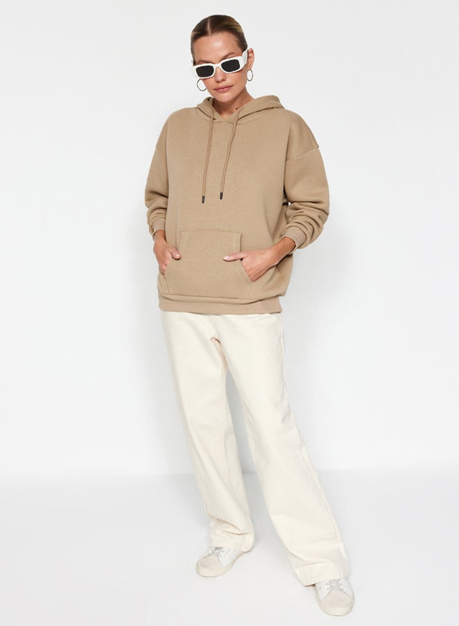 trendyol Mink Thick Fleece Inside Oversize/Wide Fit Hooded Basic Knitted Sweatshirt - Image 2