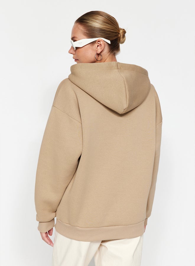 trendyol Mink Thick Fleece Inside Oversize/Wide Fit Hooded Basic Knitted Sweatshirt - Image 5