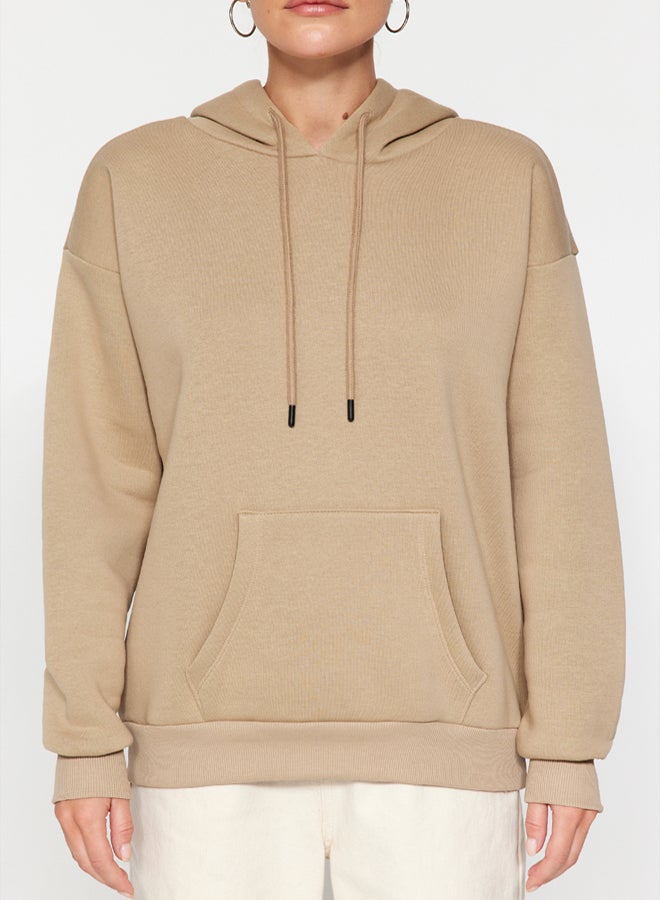 trendyol Mink Thick Fleece Inside Oversize/Wide Fit Hooded Basic Knitted Sweatshirt - Image 4