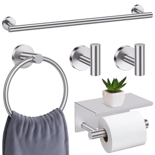 soaez Brushed Nickel Bathroom Hardware Set, 5 Pieces Towel Bar Bathroom Accessories, Upgraded Toilet Paper Holder with Shelf Set, 23.6 Inch Towel Rack Towel Holder for Bathroom Wall - Image 1