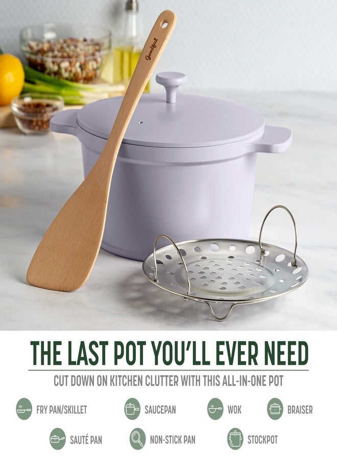 Goodful قدر غودفول متعدد الاستخدامات، متعدد الطبقات غير لاصق، عالي الأداء، مصنوع من الحديد الزهر، مع غطاء مطابق، ورف تحمير، وملعقة تقليب، خالٍ من حمض البيرفلوروكتانويك (PFOA)، آمن للغسل في غسالة الأطباق، سعة 4.7 كوارت، لون أرجواني فاتح - Image 2