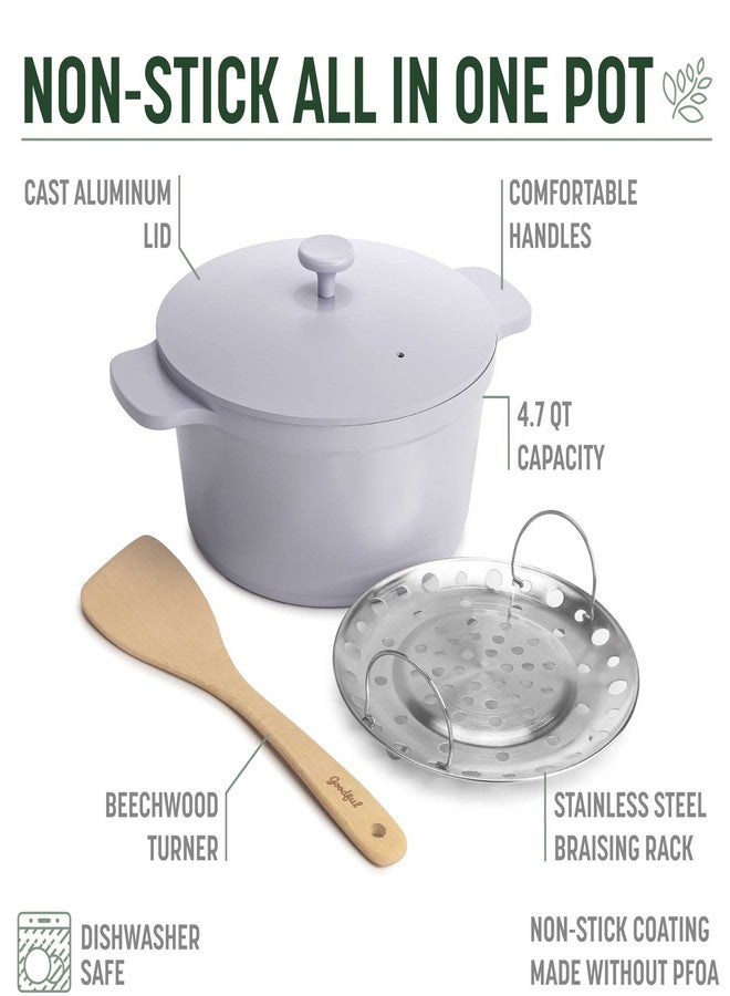 Goodful قدر غودفول متعدد الاستخدامات، متعدد الطبقات غير لاصق، عالي الأداء، مصنوع من الحديد الزهر، مع غطاء مطابق، ورف تحمير، وملعقة تقليب، خالٍ من حمض البيرفلوروكتانويك (PFOA)، آمن للغسل في غسالة الأطباق، سعة 4.7 كوارت، لون أرجواني فاتح - Image 4