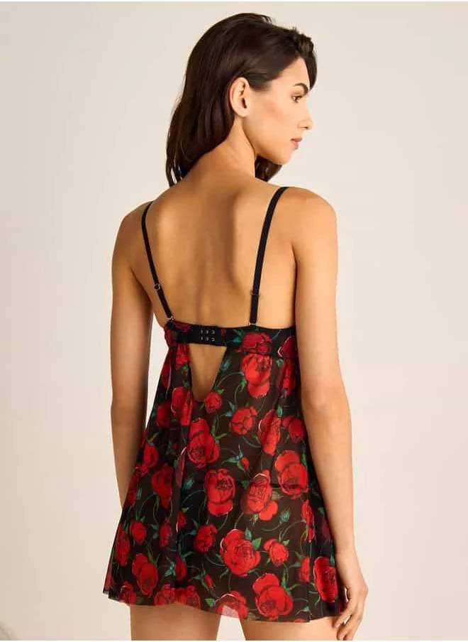 FAV Floral Print Babydoll with Adjustable Straps and Thongs